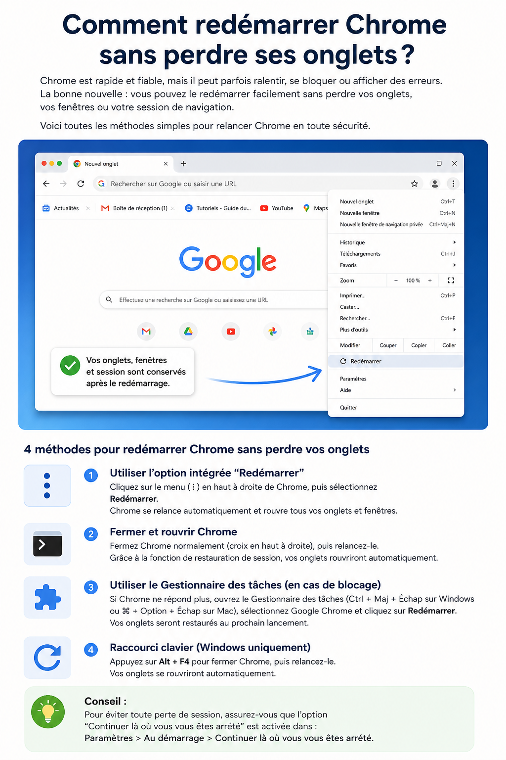 redémarrer Chrome sans perdre ses onglets
