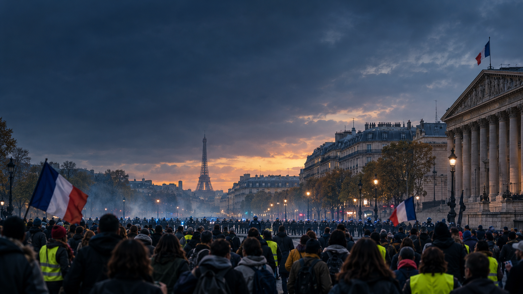 Manifestation à l’aube sous le ciel parisien